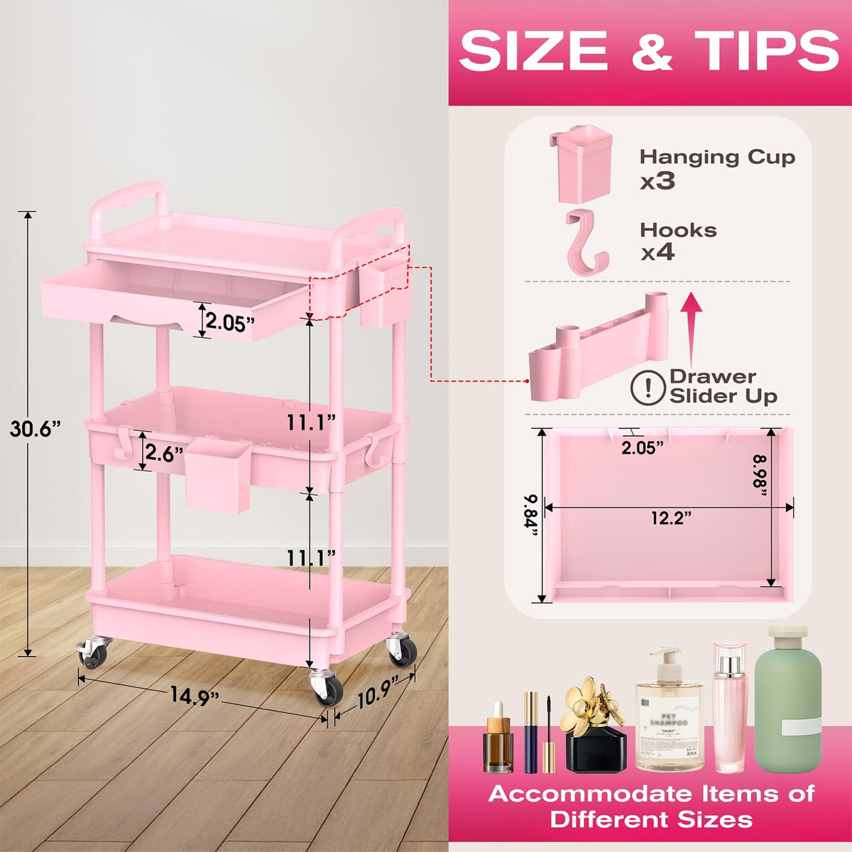 Pink 3-Tier Rolling Makeup Organizer Cart with Removable Drawer
