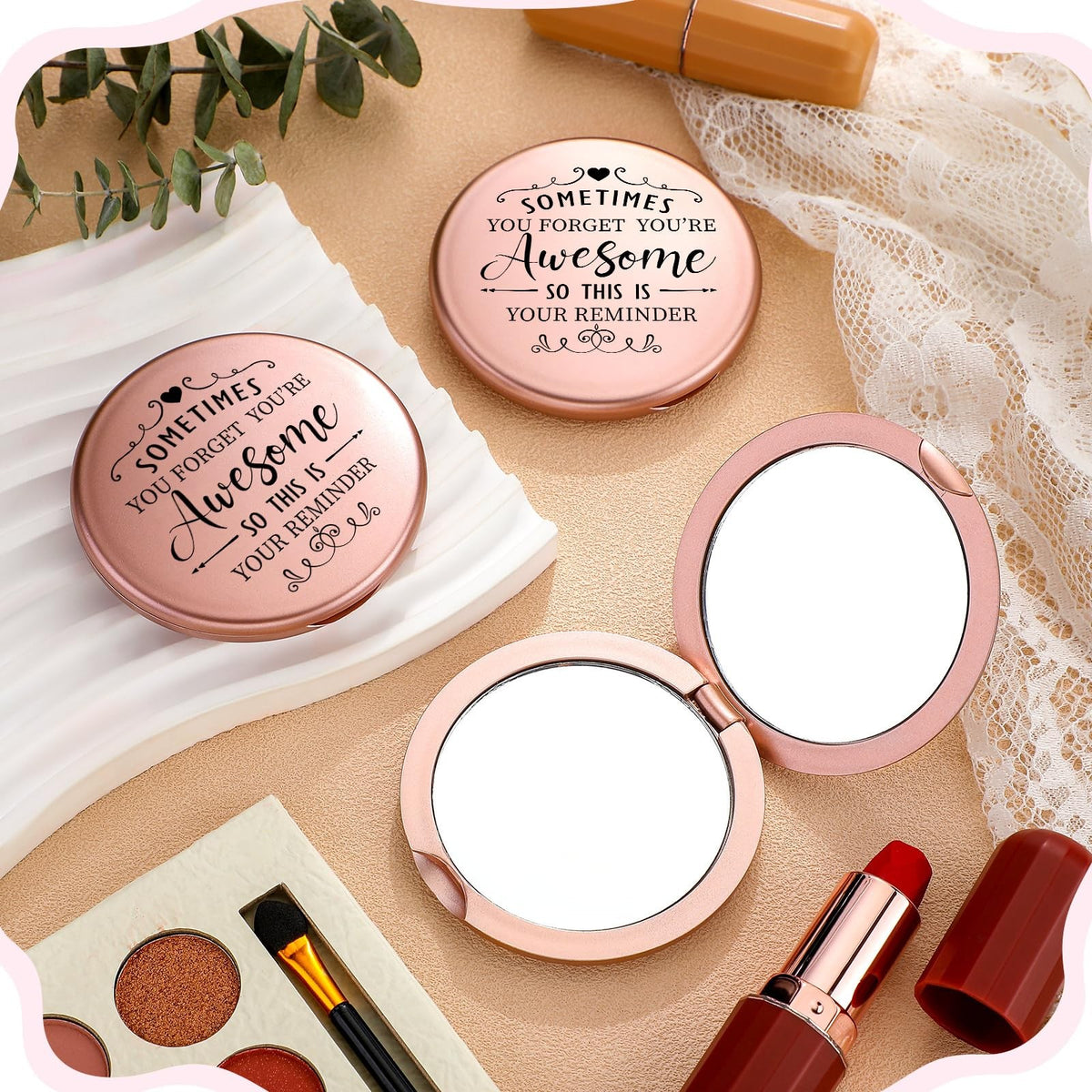24-Piece Inspirational Compact Mirror Gift Set – Rose Gold Round Pocket Mirrors with Cards & Organza Bags