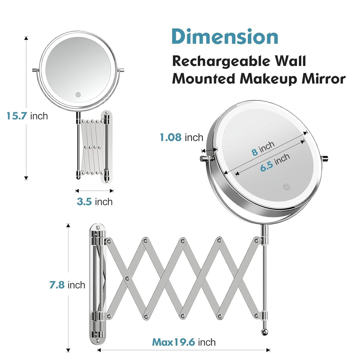 Rechargeable Wall Mounted Makeup Mirror with Lights 8 Inch Double Sided 1X/10X Magnification