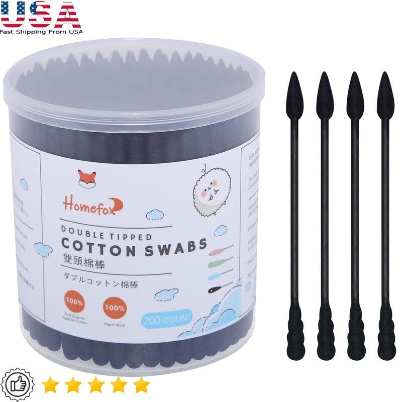 Organic Cotton Swabs with Spiral Tip - Lint-Free, Charcoal Infused, 200 Count