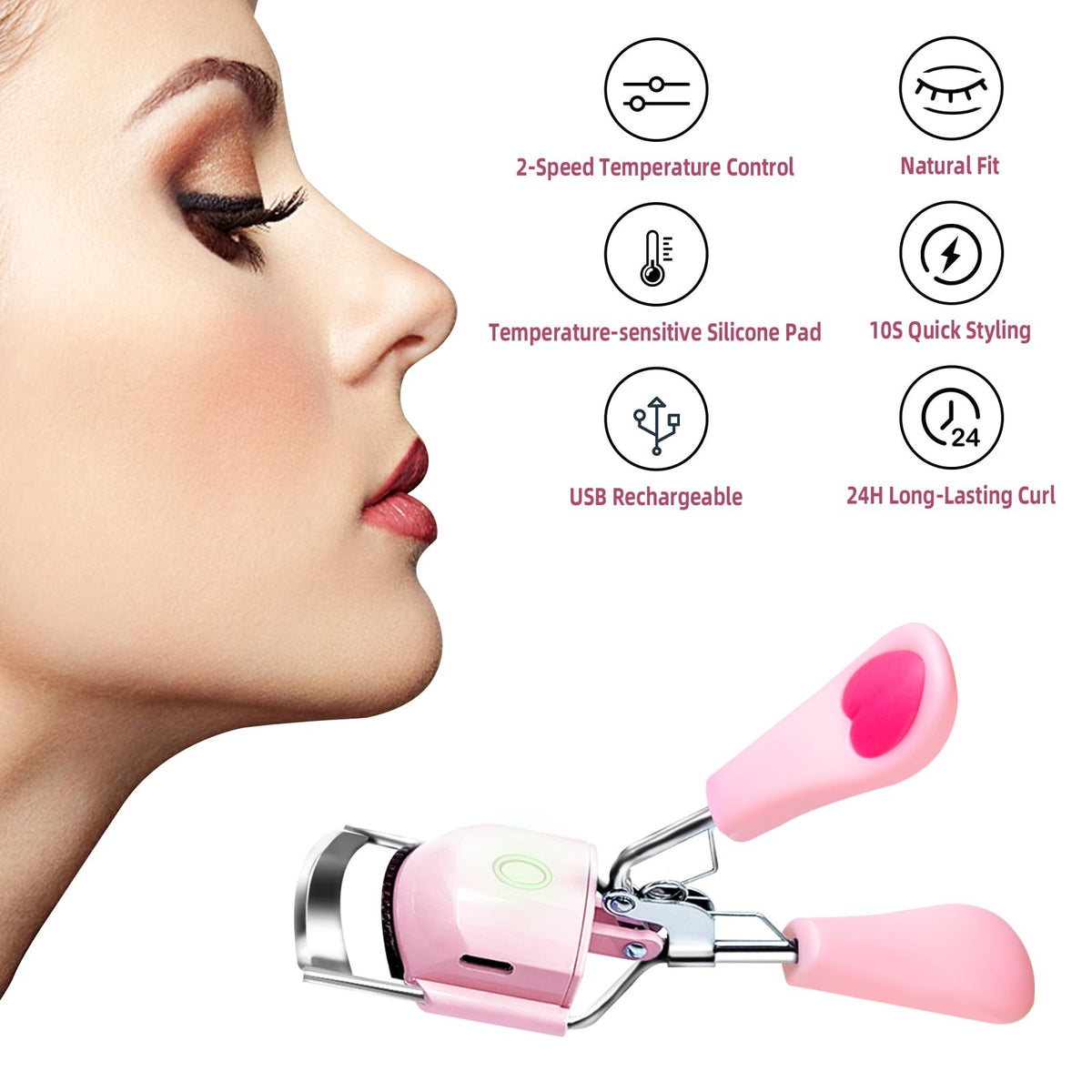Rechargeable Heated Eyelash Curler with Silicone Pad - USB Electric Makeup Tool