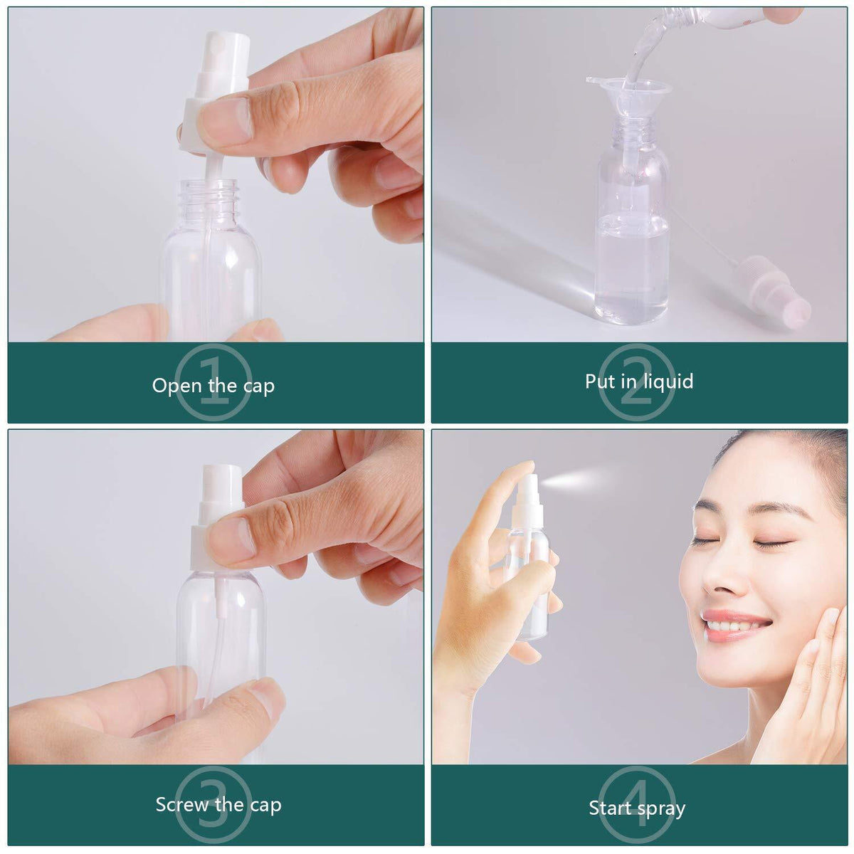 4oz Clear Plastic Spray Bottles Set with Funnels & Labels - Leak-Proof Travel Containers
