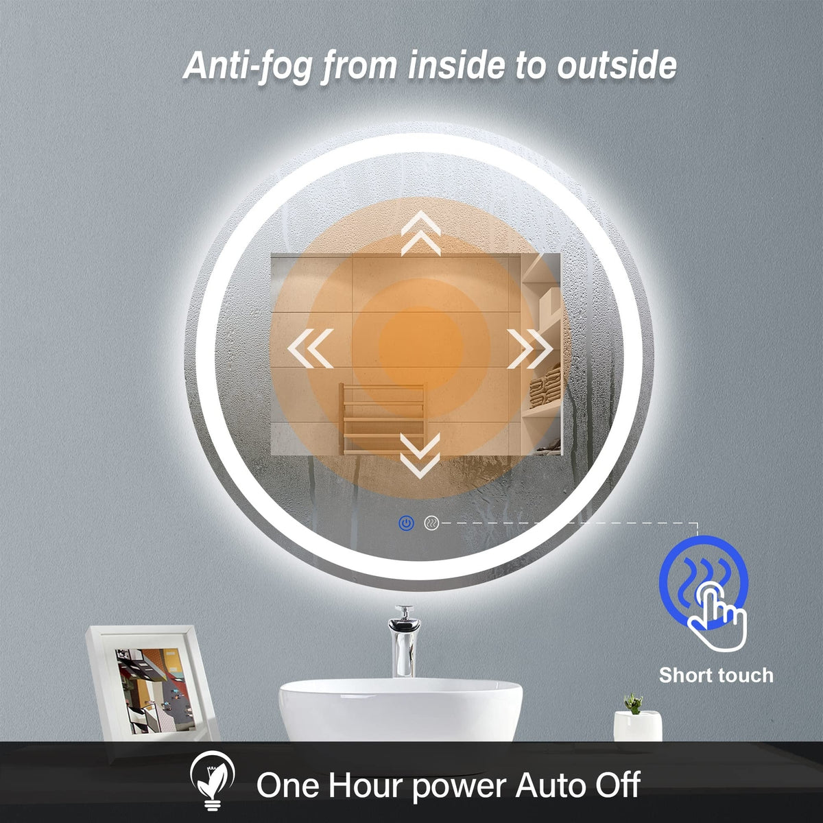 24-Inch LED Bathroom Mirror with Anti-Fog, Dimmable, 3 Color Temp, Memory
