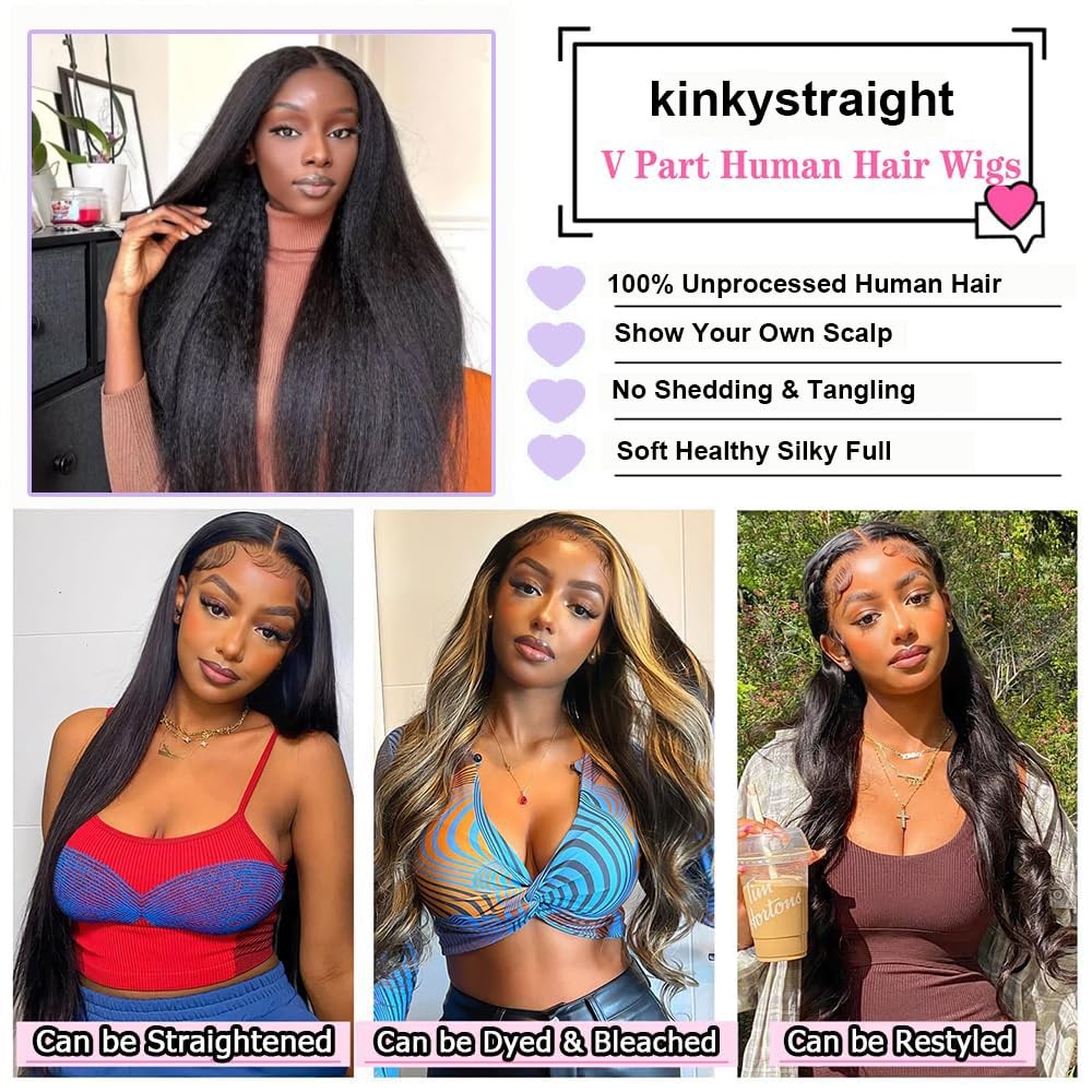 Human Hair Wigs 24 Inch V Part Kinky Straight Wig for Black Women - Natural Black, No Shedding