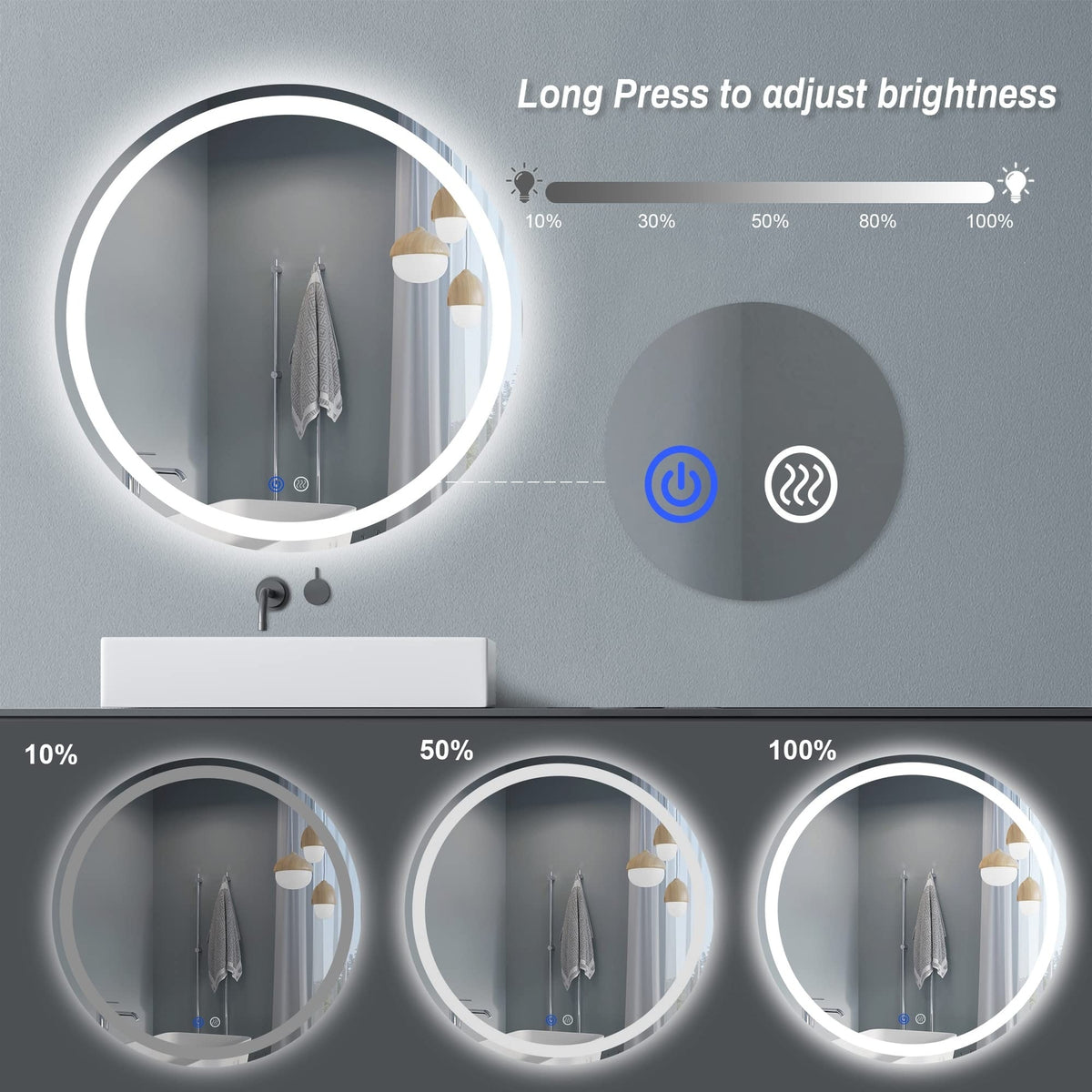 24-Inch LED Bathroom Mirror with Anti-Fog, Dimmable, 3 Color Temp, Memory