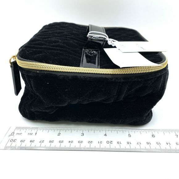 Black Velvet Vanity Case with Quilted Design and Gold Accents - Travel Storage Bag