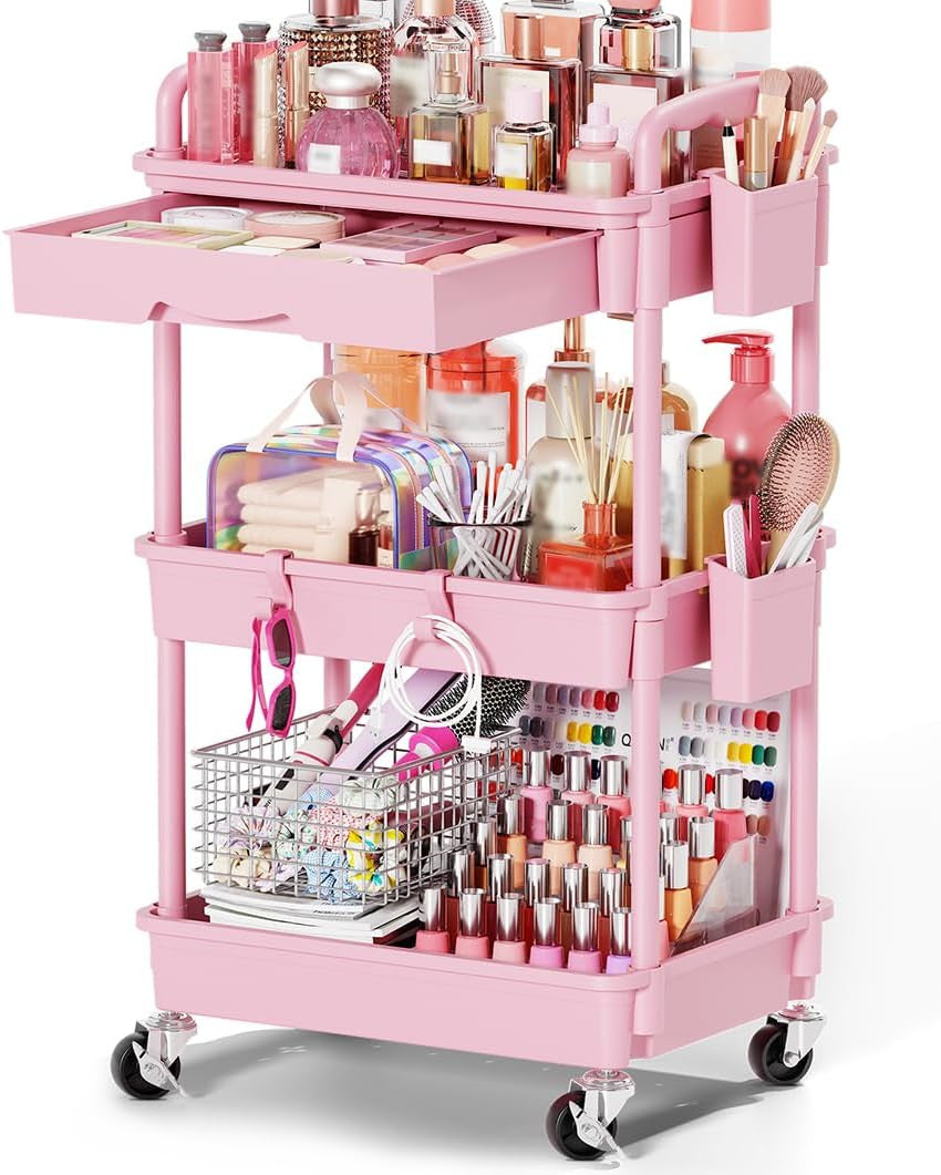 Rolling Makeup Organizer Cart with Removable Drawer, 3 Tiers Pink