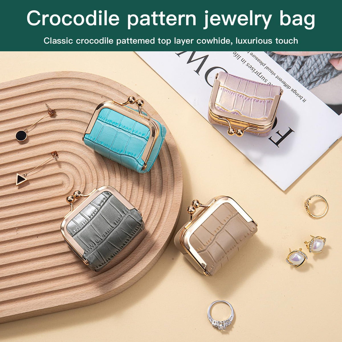 Mini Travel Jewelry Box Organizer with Crocodile Pattern, Small Light Purple