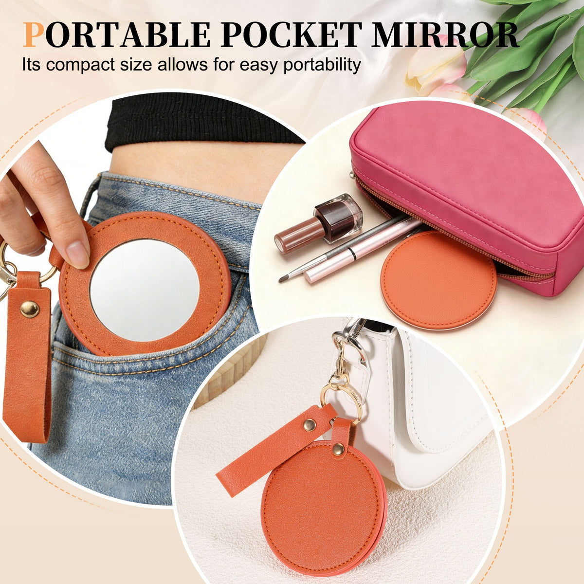 Keychain Mirror Compact with Leather Cover - Portable Round Makeup Mirror Orange Red