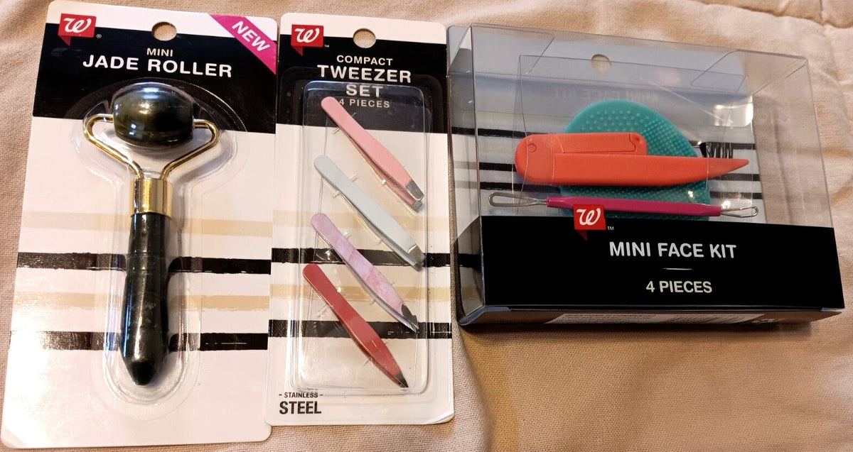 Mini Jade Face Roller and Tweezer Set for Skin Care & Brow Grooming