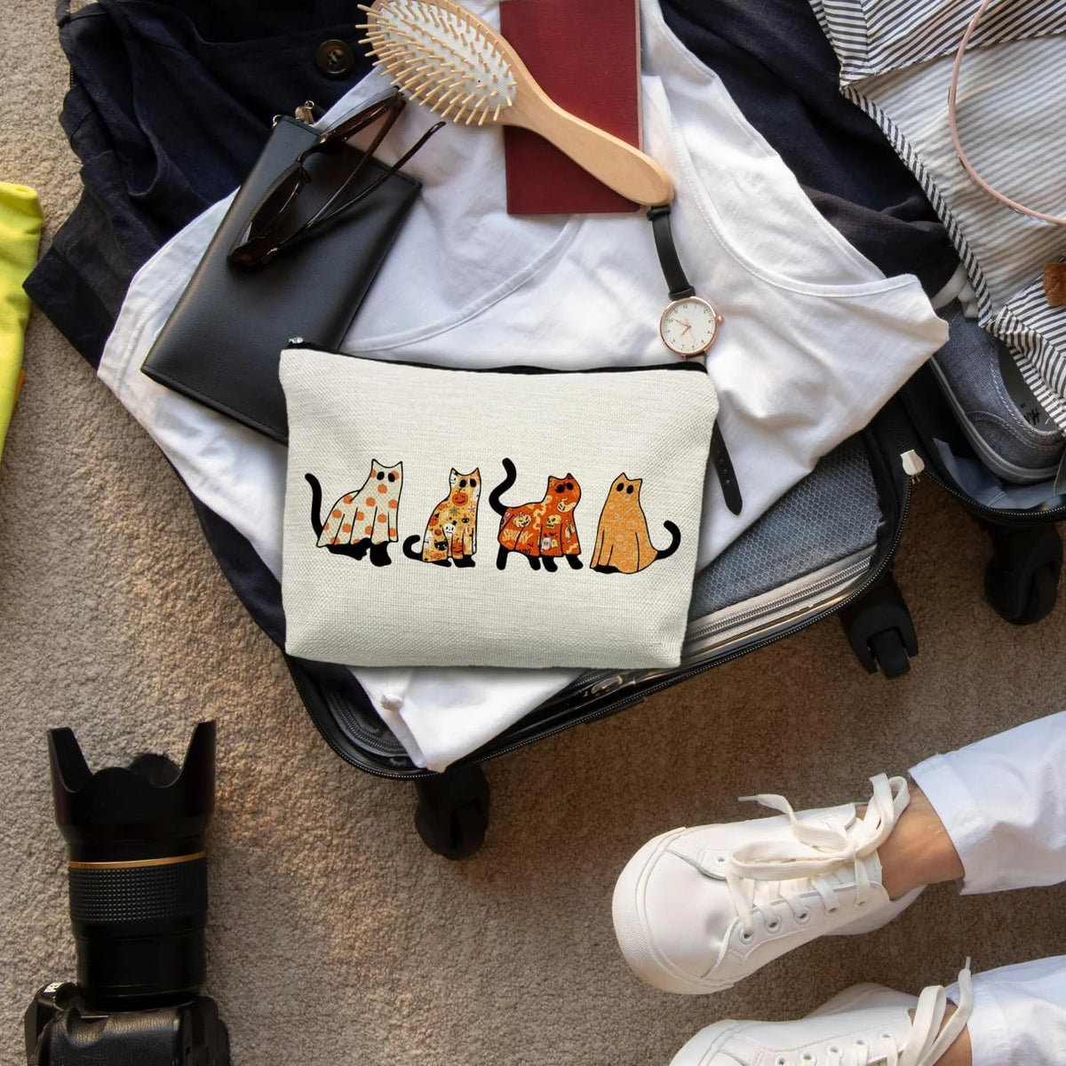 Halloween Ghost Cats Makeup Bag - Black Cat Cosmetic Pouch for Women