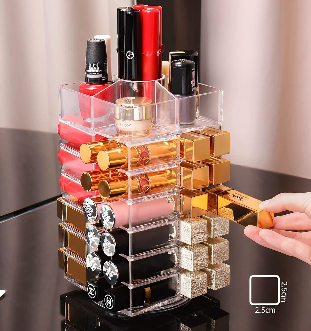 360 Degree Spinning Lipstick Organizer Holder with 53 Slots, Clear Acrylic