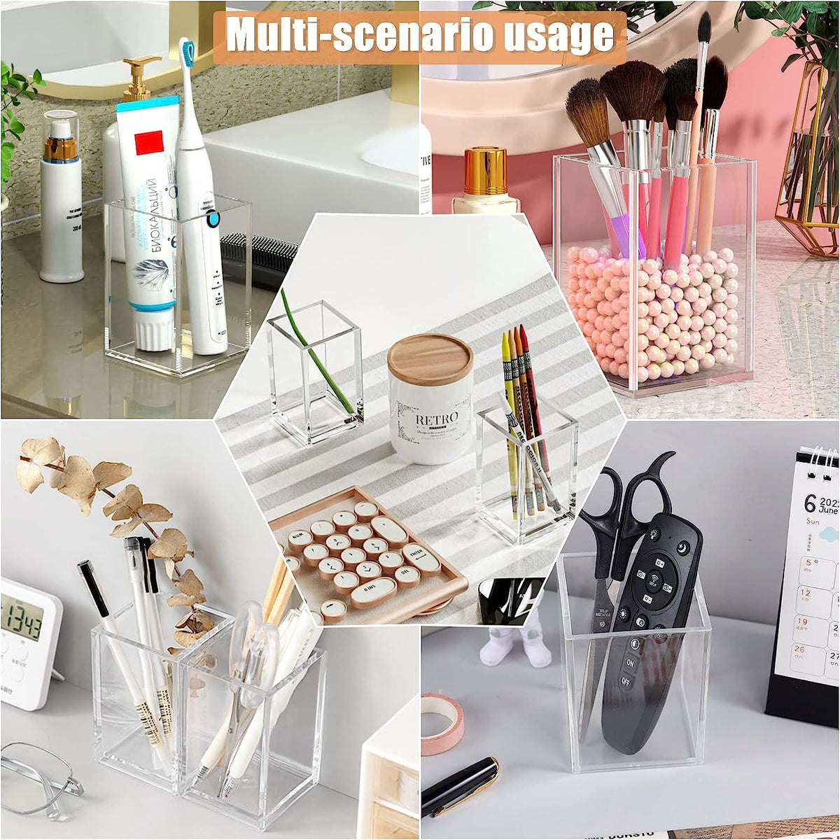 3 Pack Clear Acrylic Makeup Brush Holder Cosmetic Organizer Desktop Storage