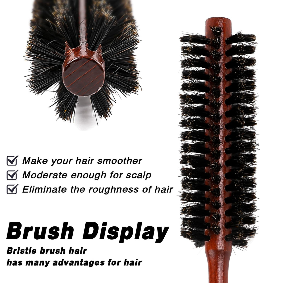 Small Round Boar Bristle Hair Brush for Thin Short Hair - Natural Wooden Styling Brush