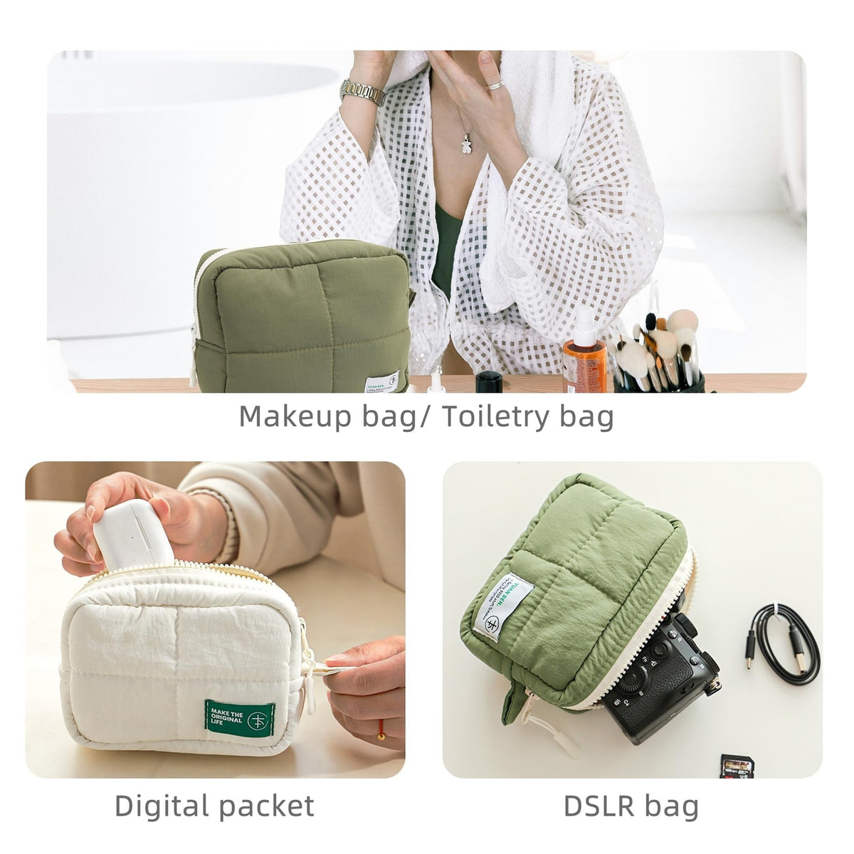 Large Puffy Travel Makeup Bag for Women - Quilted Cosmetic Organizer, Green