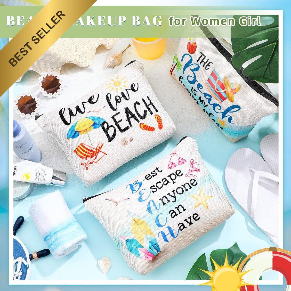 6-Piece Beach Makeup Bag Set Summer Travel Cosmetic Organizer