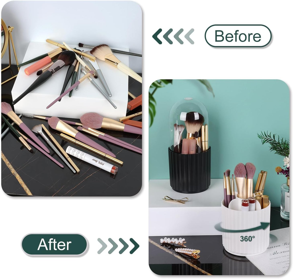 Rotating Makeup Brush Holder Organizer with Lid - 360° Spinning Cosmetics Storage