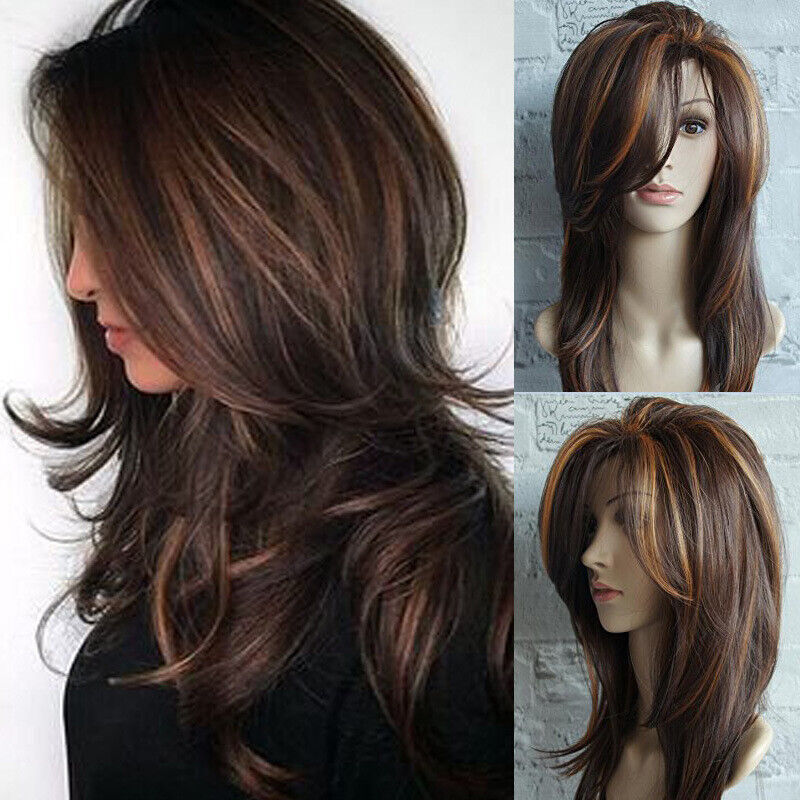 Women’s Ombre Curly Wig with Dark Brown and Gold Highlights - Shoulder Length Synthetic Hair