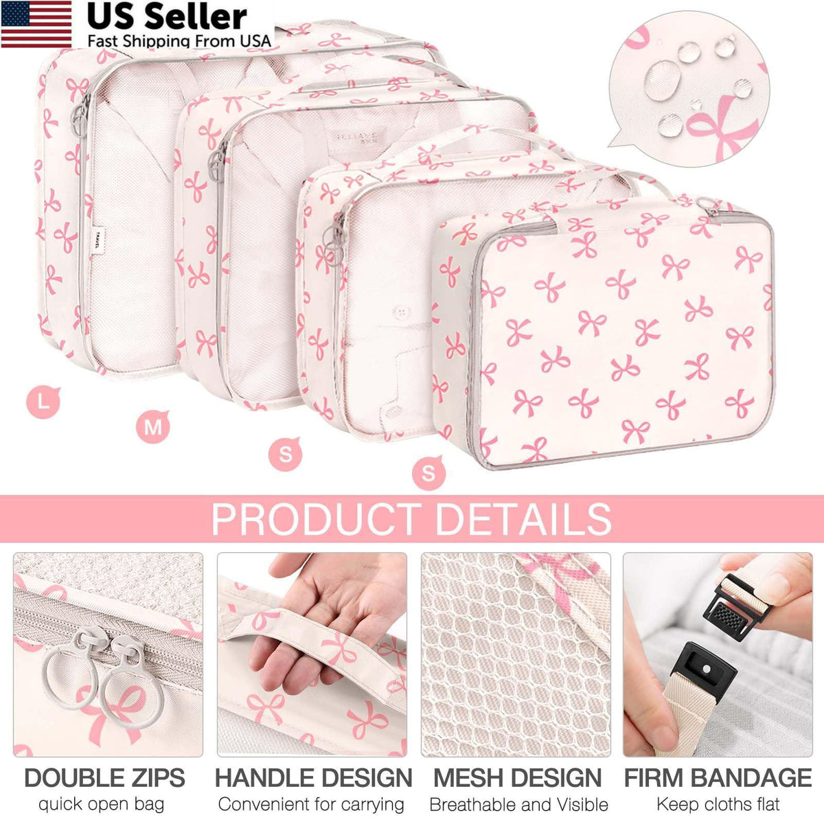 Travel Packing Cubes Set with Multiple Sizes and Accessories - Pink Bow