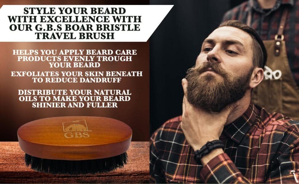 Men's Boar Bristle Beard Grooming Brush with Wooden Handle