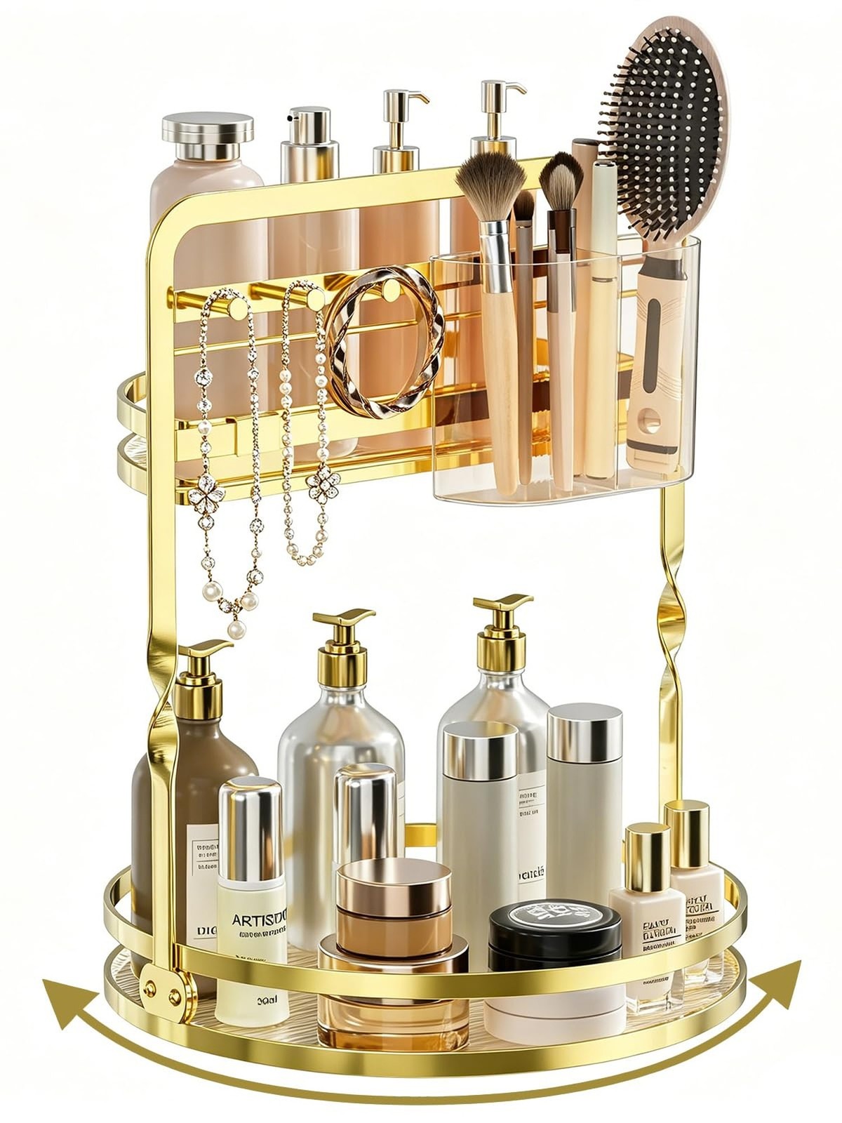 Rotating Makeup Organizer with 2-Tier Storage and Jewelry Hooks - Gold