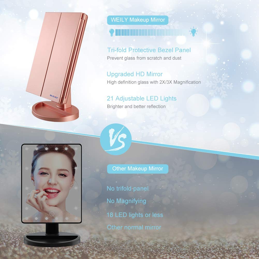 Makeup Mirror with 21 LED Lights, 2X & 3X Magnification, Rose Gold