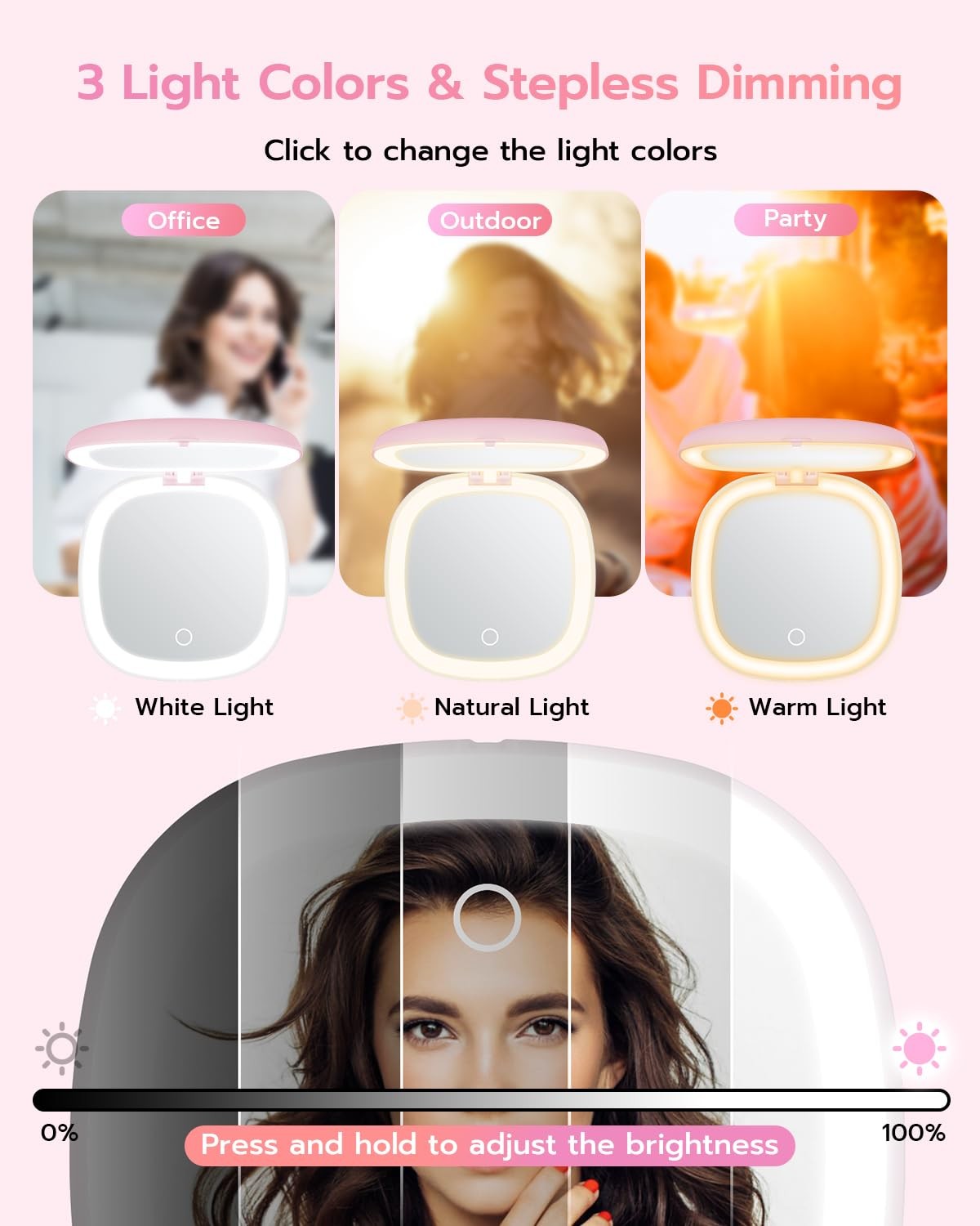 Rechargeable 3-Color LED Lighted Compact Makeup Mirror with 1X/10X Magnification