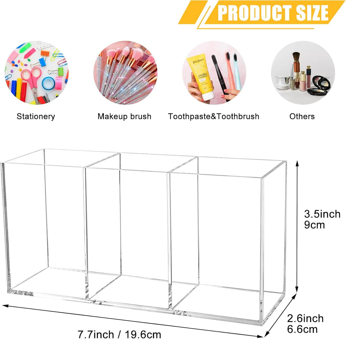 Acrylic Makeup Brush Organizer with 3 Slots - Clear Cosmetic Storage Holder