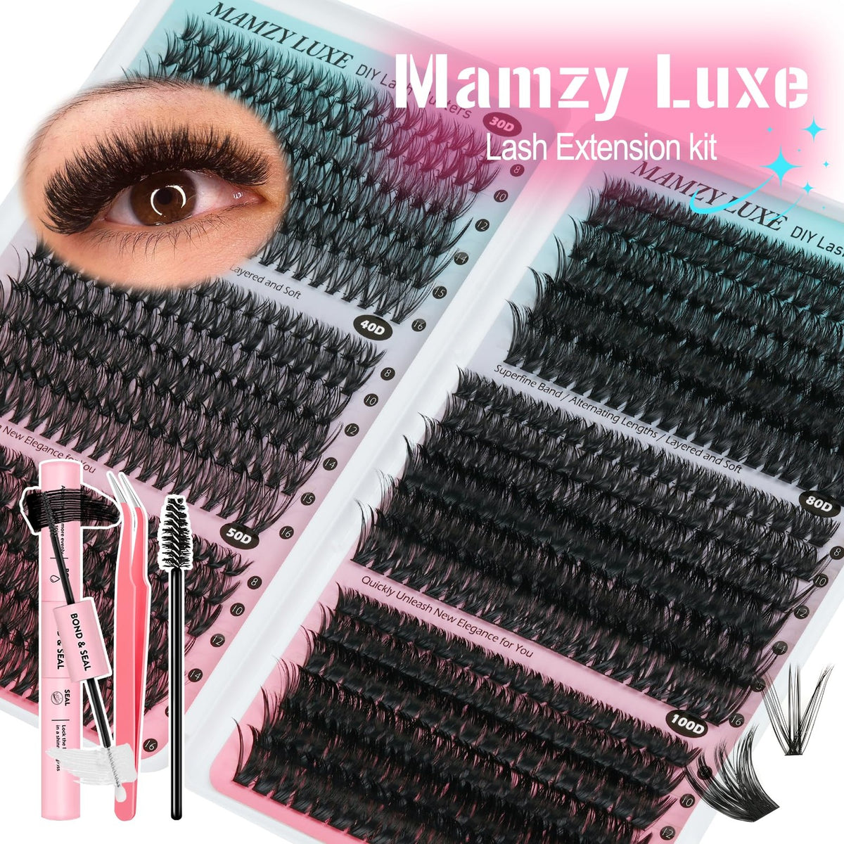 Professional Lash Cluster Kit 708pcs with Bond, Tweezers & 6 Styles