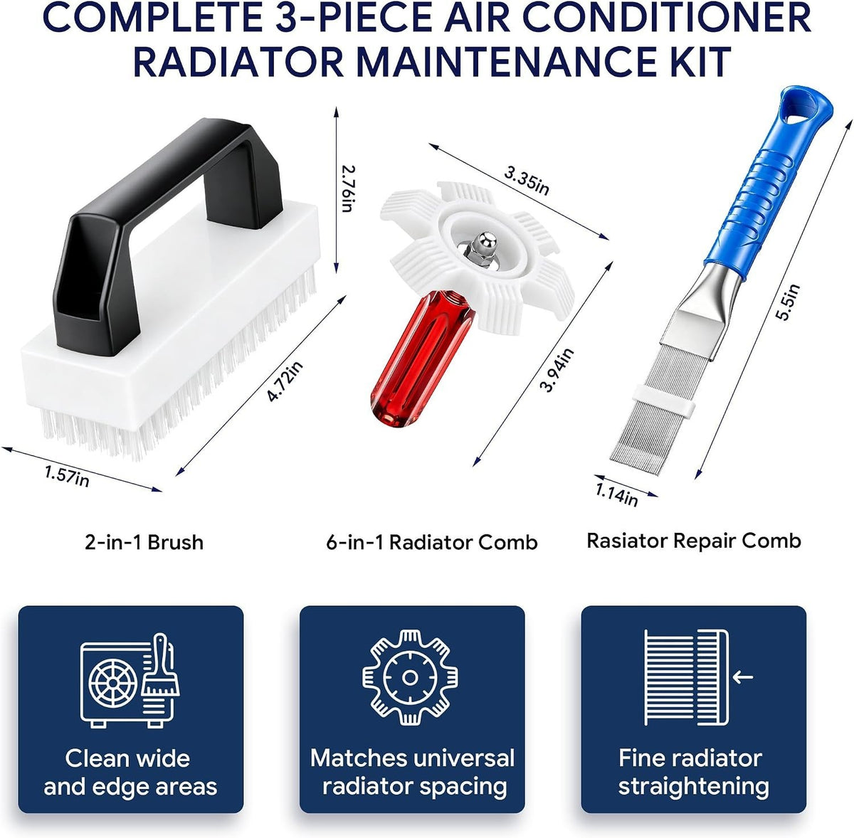 3-Piece AC Fin Comb Cleaner Kit for HVAC & Auto - Improve Airflow