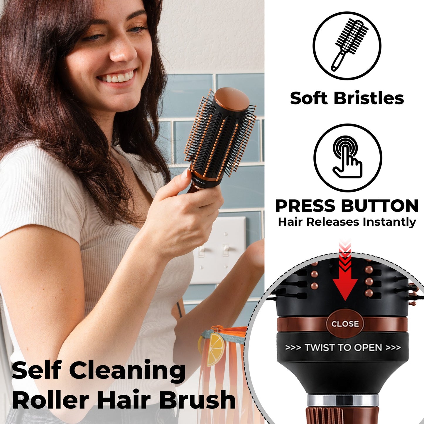 Self-Cleaning Retractable Hair Brush for Women - Brown