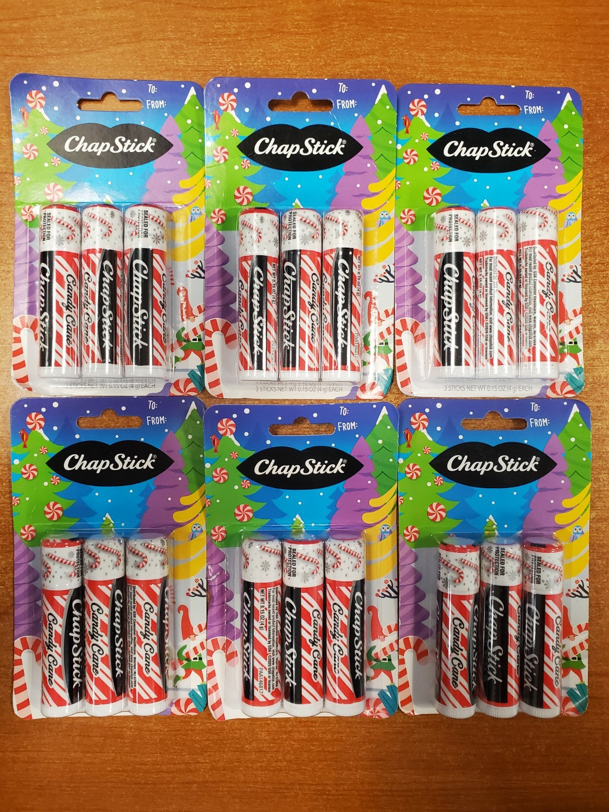 Holiday Gift Set of 6 Candy Cane Lip Balms - Peppermint Flavor, 3 Boxes of 3