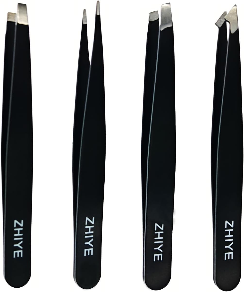 Professional Stainless Steel Eyebrow Tweezers Set - 4 Precision Pliers for Eyebrow Grooming & Ingrown Hair Removal