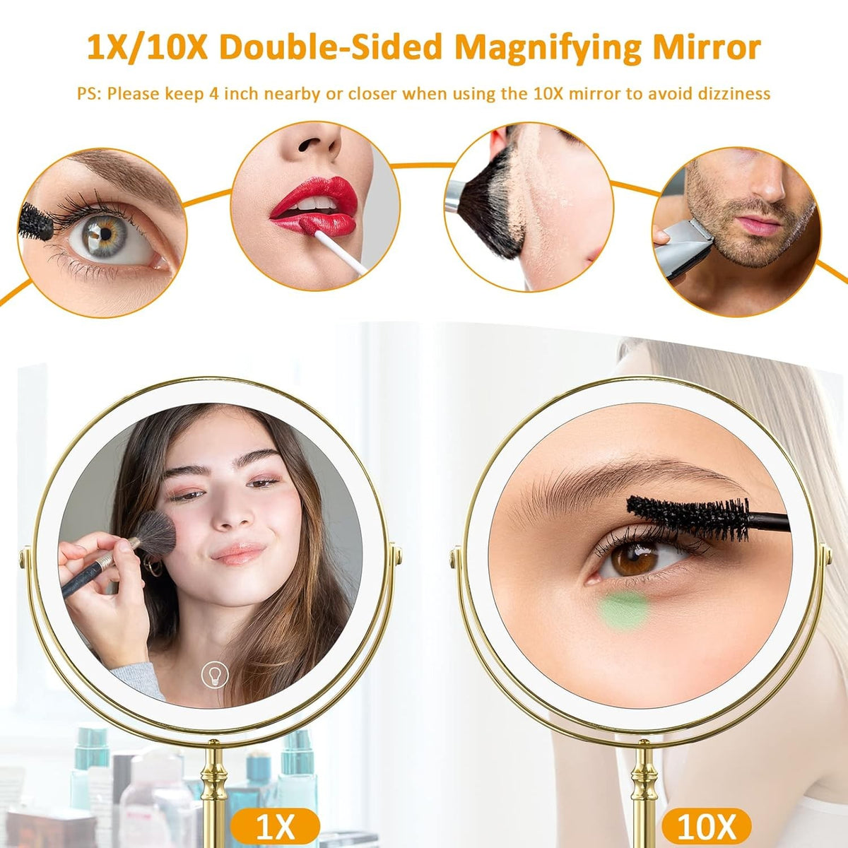 Rechargeable Lighted Makeup Mirror with 10X Magnification and 3 Lighting Modes - Gold