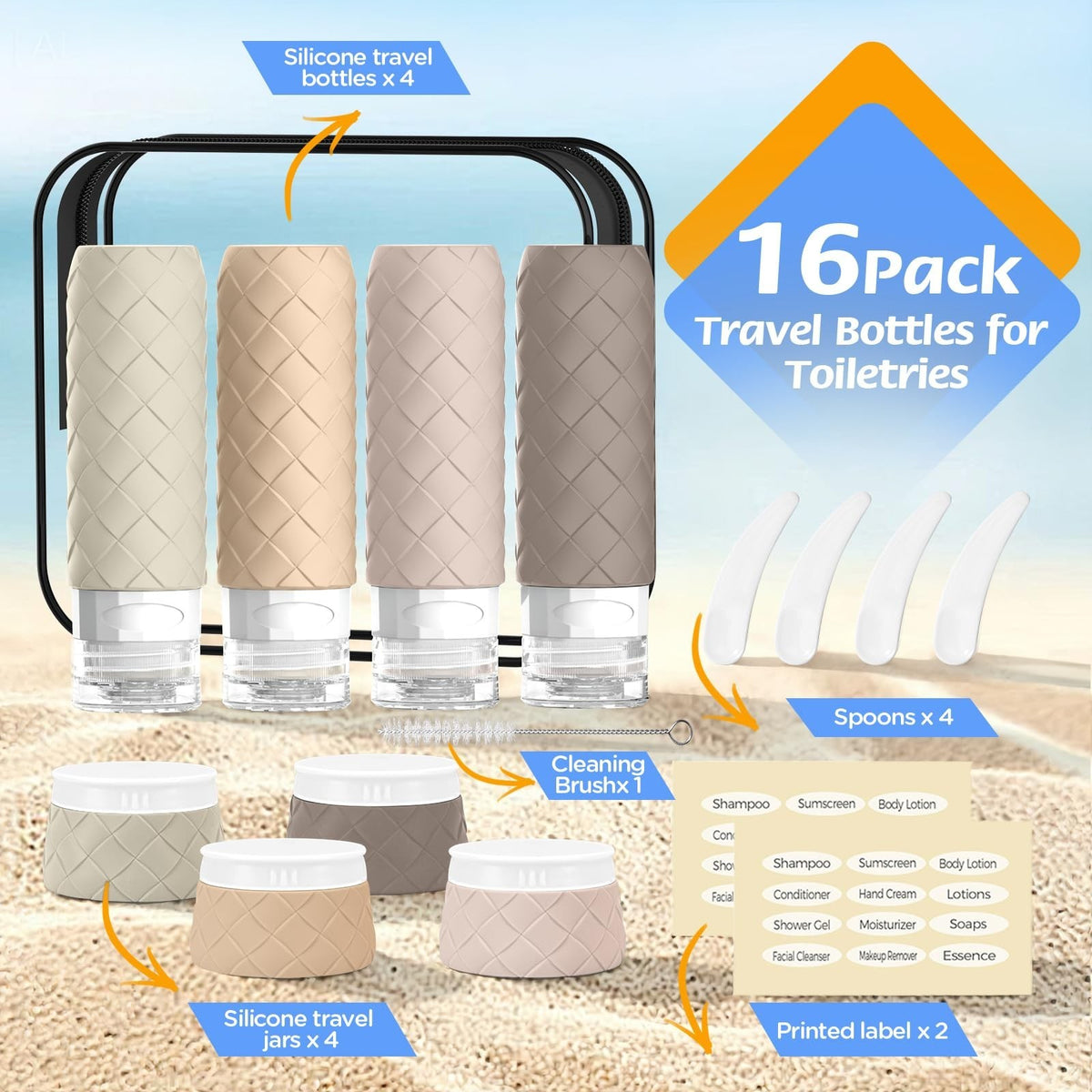16 Pack TSA Approved Travel Toiletry Bottles Set - Leakproof Refillable Containers