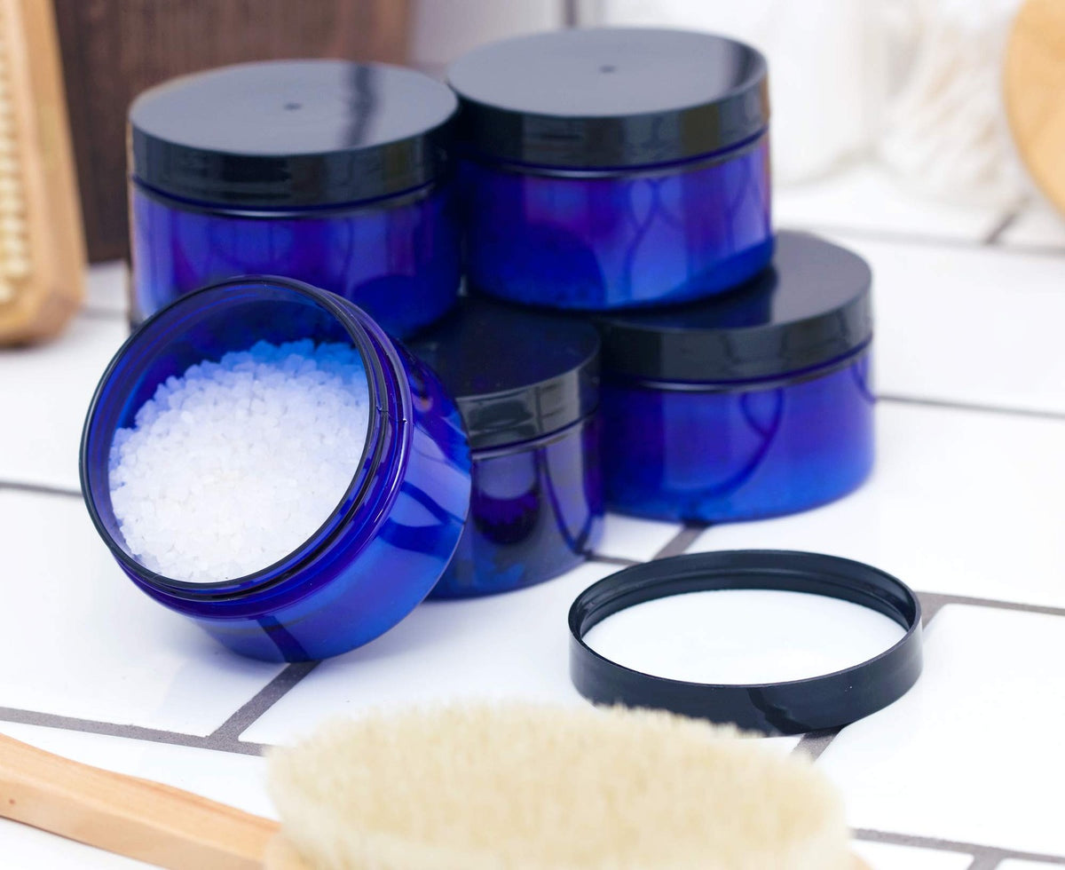 6 Pack 2oz Cobalt Blue Refillable Plastic Jars with Black Lids - Heavy Wall