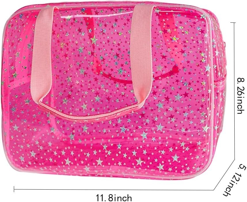 Large Pink Star Travel Cosmetic Bag with Handle, Waterproof Makeup Pouch