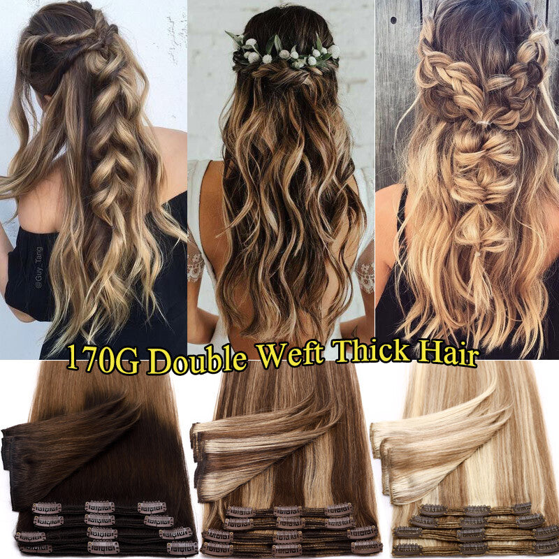 Full Head Clip-In Human Hair Extensions Double Weft Balayage - Thick & Natural