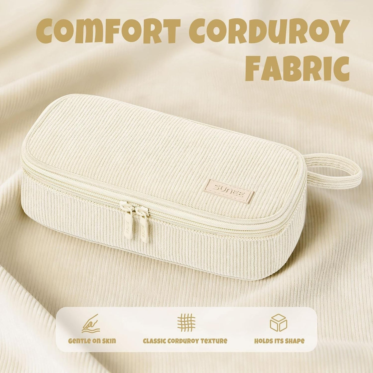 Beige Corduroy Pencil Case with Zipper - Spacious Stationery Organizer