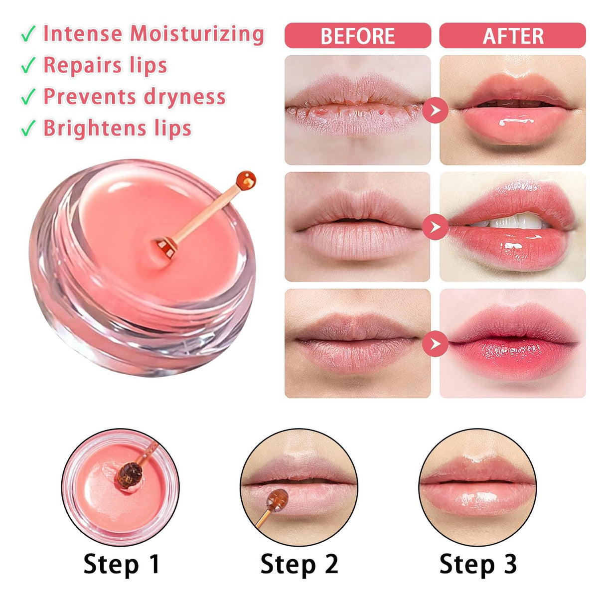 Set of 3 Honey Lip Balm Pots with Watermelon, Cherry & Strawberry Extracts – Nourishing Overnight Lip Masks