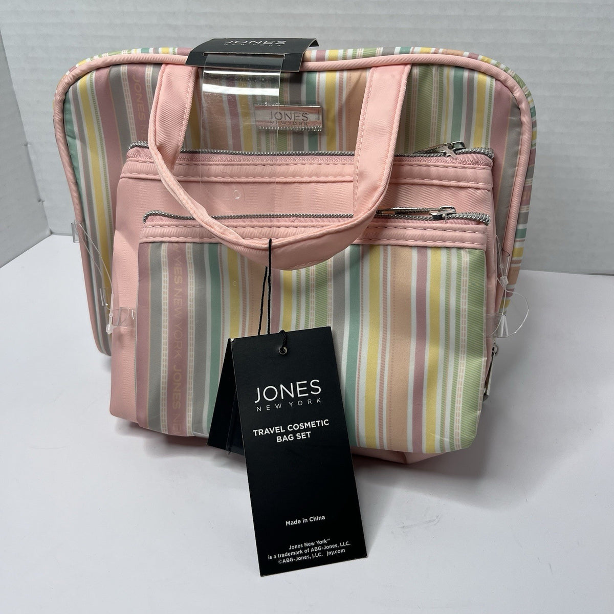 Travel Cosmetic Bag Set with Multiple Compartments and Handles - Pink & Striped