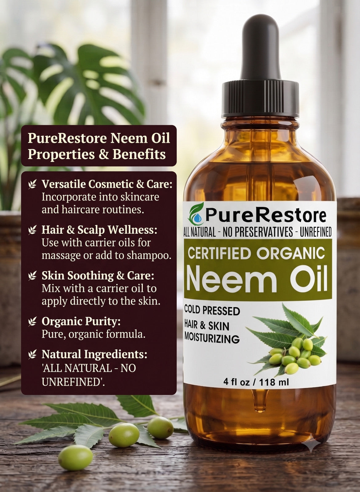 Organic Neem Oil for Skin Hair & Garden - Cold Pressed Unrefined PureRestore