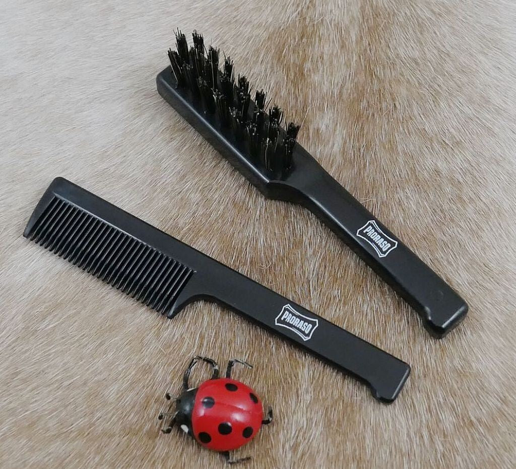 Men's Mustache & Beard Grooming Comb & Brush Set - Travel Friendly, Made in Italy
