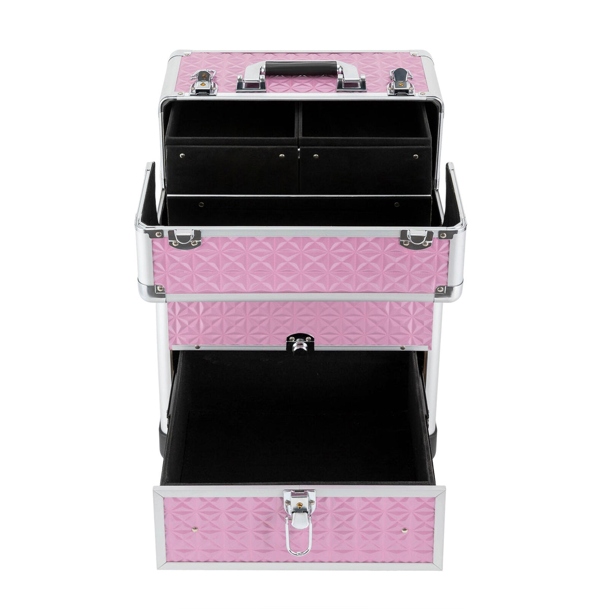 Rolling Makeup Train Case with 7 Compartments and Lockable Wheels
