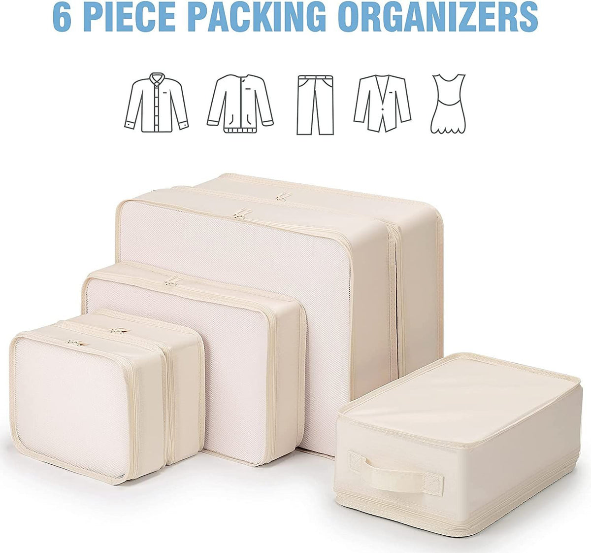 Lightweight Travel Packing Cubes Set with Shoe Bag - 6 Pieces Beige