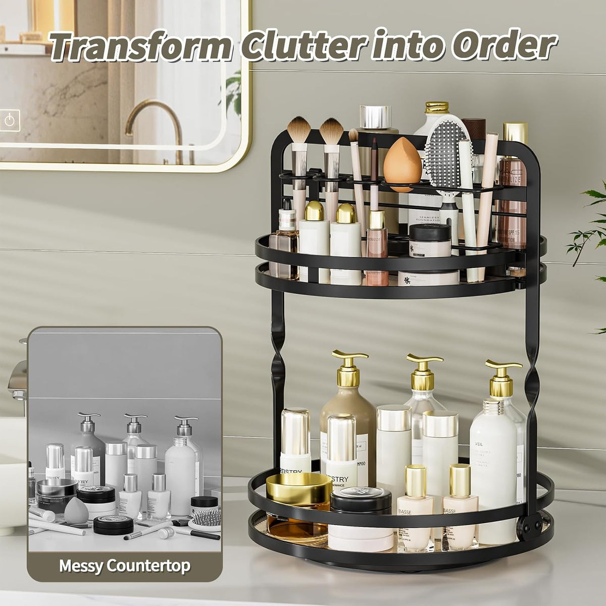 Rotating Makeup Organizer with 2 Tiers for Vanity and Bathroom Storage