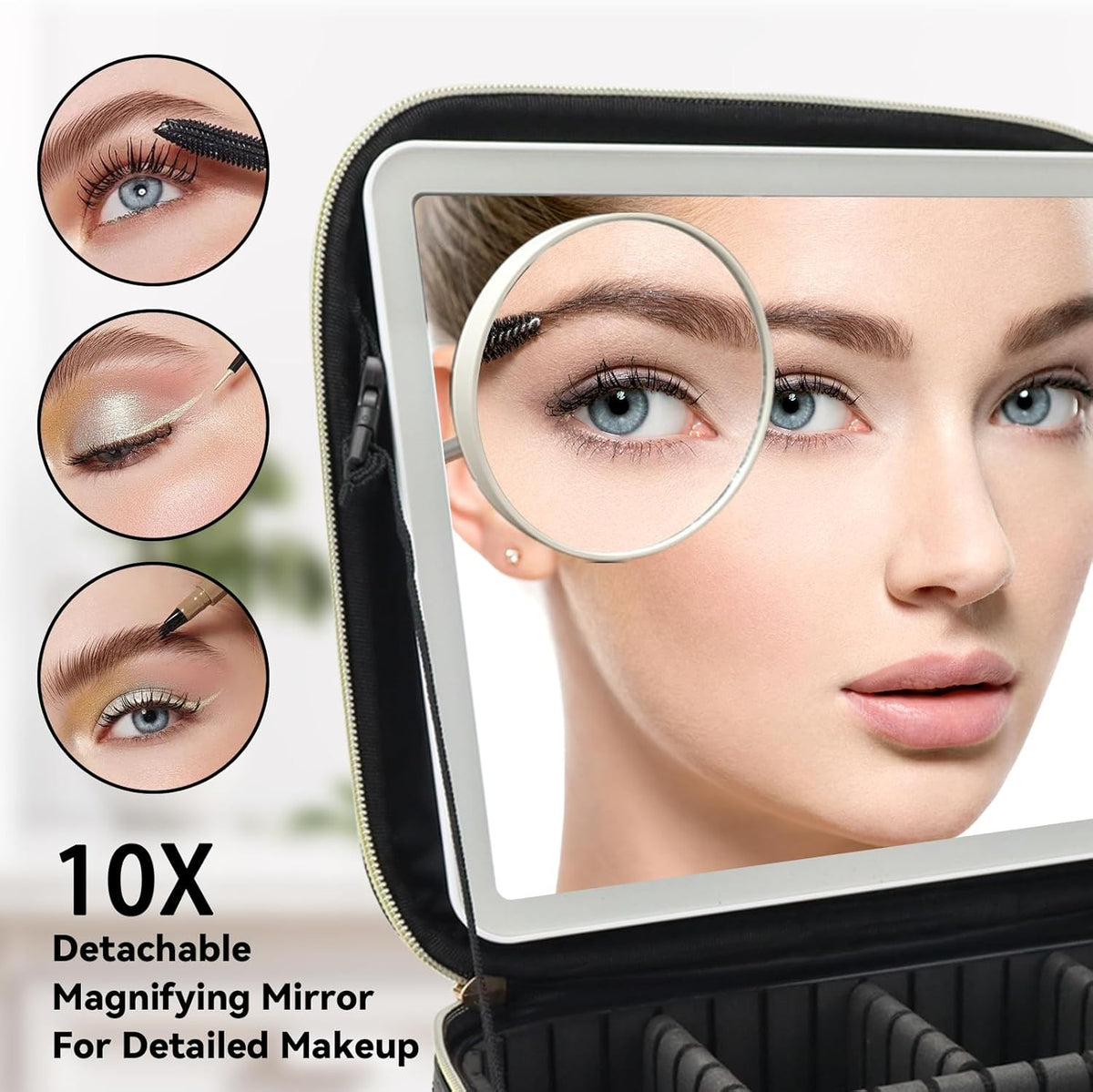 Travel Makeup Bag with LED Mirror and 10X Magnifying Glass - Portable Organizer