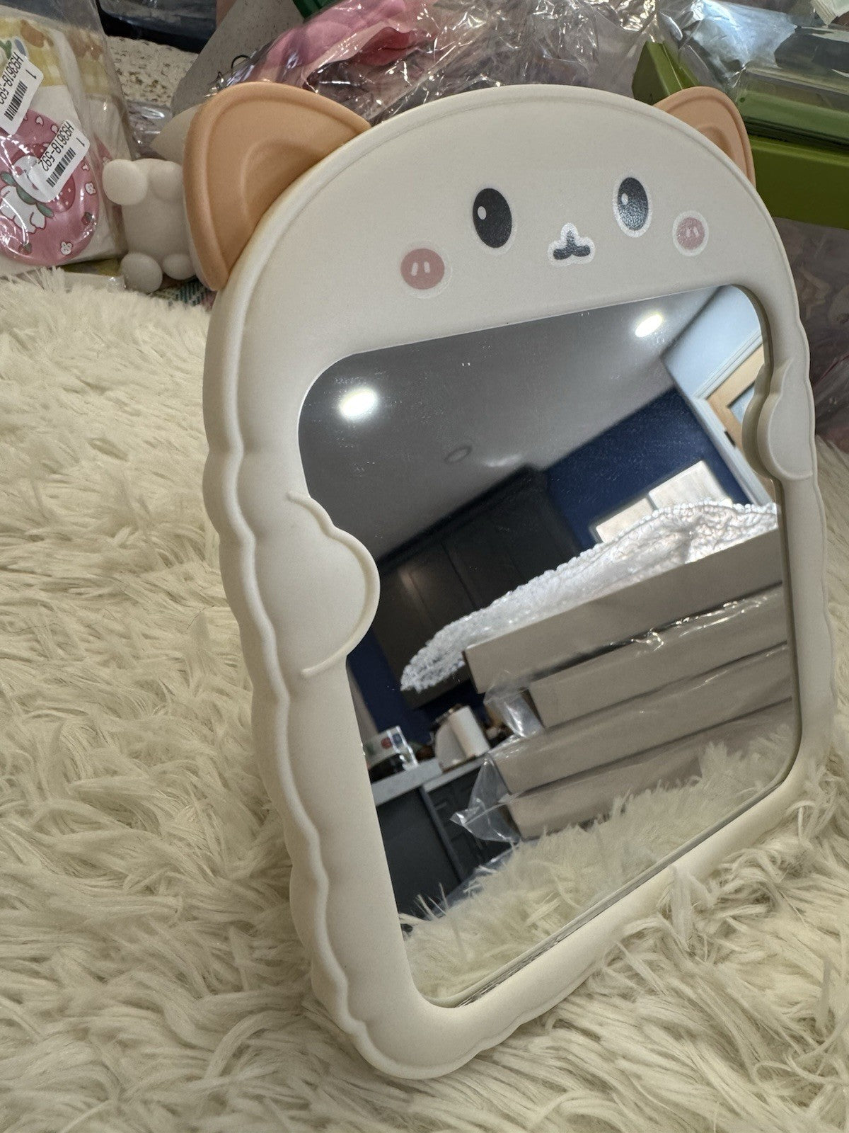 Cute Plastic Vanity Mirror with Cartoon Cat & Bear Ears - Foldable Desktop Accessory