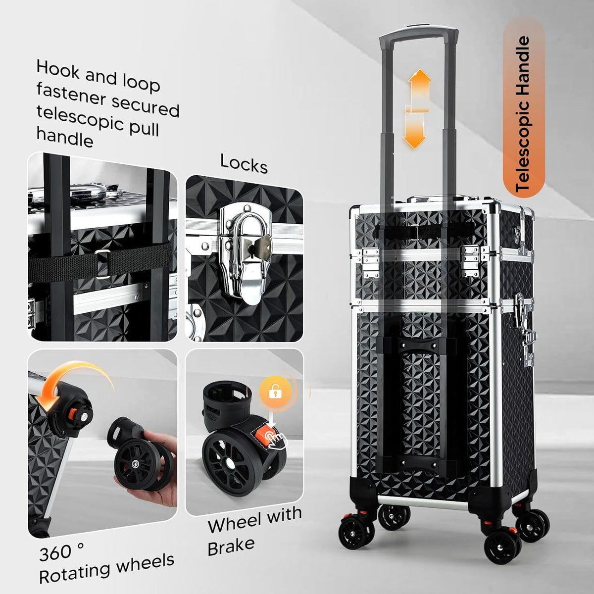 3-in-1 Portable Rolling Makeup Case with Detachable Compartments & Lockable Storage