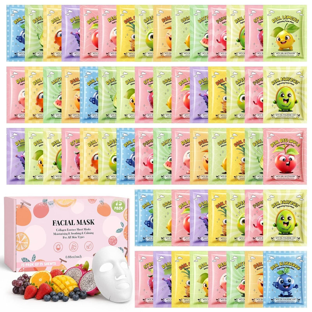 75-Pack Collagen Face Masks - 15 Fruit Flavors